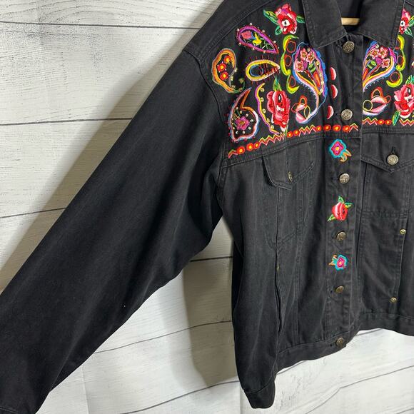 Carole Little Sport Women 4 Embroidered Beaded Oversized Denim Jacket Boho Artsy - Picture 6 of 10